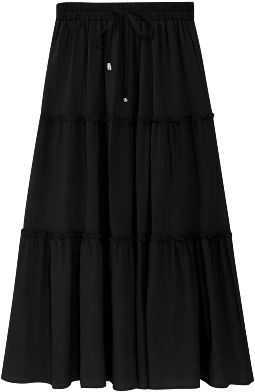 Womens 2025 Summer Long Flowy Skirt Elastic High Waist Boho Casual Maxi Skirt Tie Pleated Ruffle Tiered Skirts