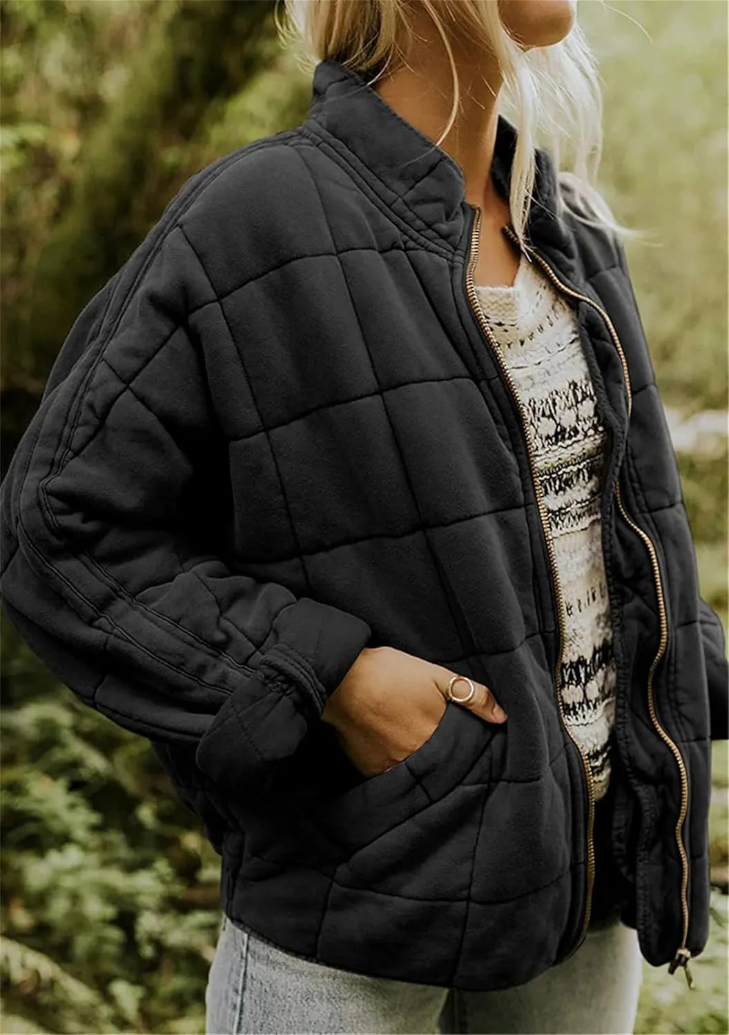 Women's Baggy Fashion Lightweight Puffer Jacket Long Sleeve Zip Up Coat Quilted Winter Coat with Pockets