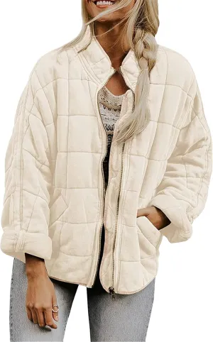Women's Baggy Fashion Lightweight Puffer Jacket Long Sleeve Zip Up Coat Quilted Winter Coat with Pockets