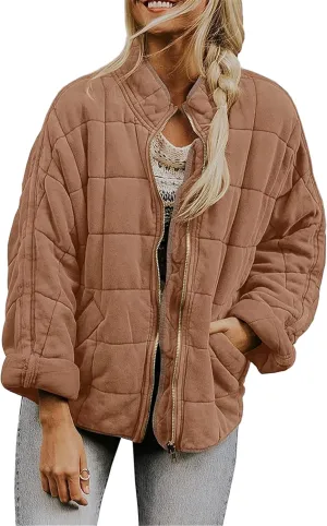 Women's Baggy Fashion Lightweight Puffer Jacket Long Sleeve Zip Up Coat Quilted Winter Coat with Pockets