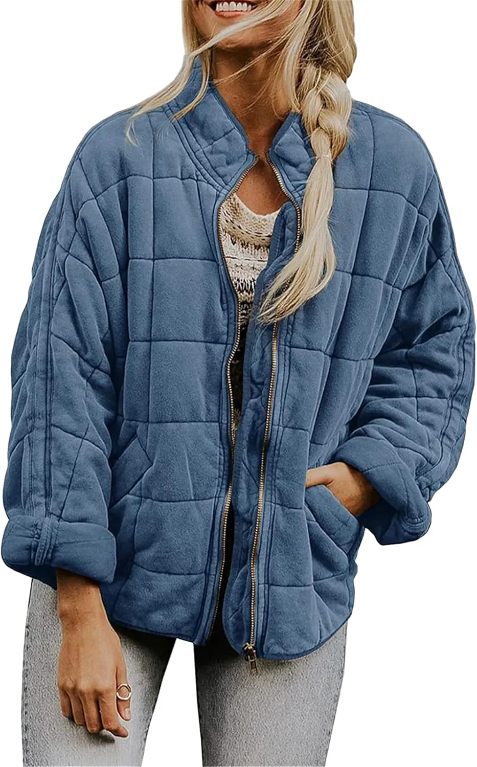 Women's Baggy Fashion Lightweight Puffer Jacket Long Sleeve Zip Up Coat Quilted Winter Coat with Pockets