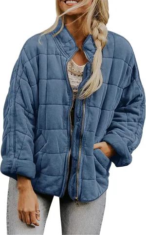 Women's Baggy Fashion Lightweight Puffer Jacket Long Sleeve Zip Up Coat Quilted Winter Coat with Pockets
