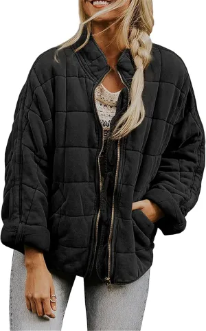 Women's Baggy Fashion Lightweight Puffer Jacket Long Sleeve Zip Up Coat Quilted Winter Coat with Pockets
