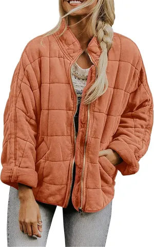Women's Baggy Fashion Lightweight Puffer Jacket Long Sleeve Zip Up Coat Quilted Winter Coat with Pockets