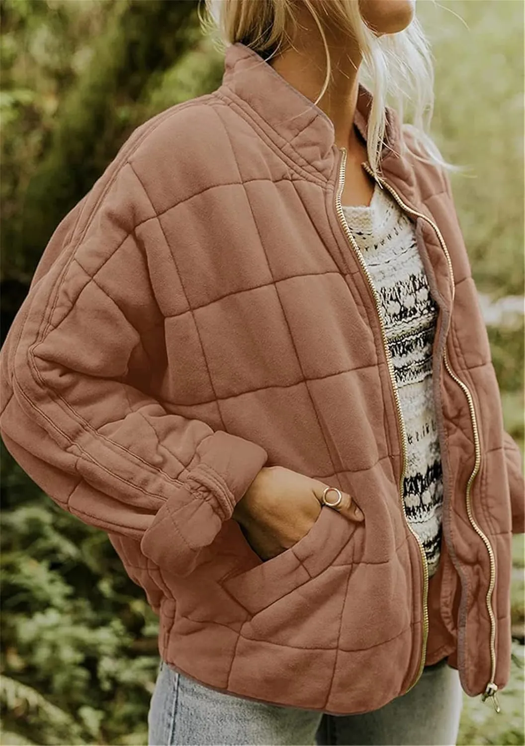 Women's Baggy Fashion Lightweight Puffer Jacket Long Sleeve Zip Up Coat Quilted Winter Coat with Pockets
