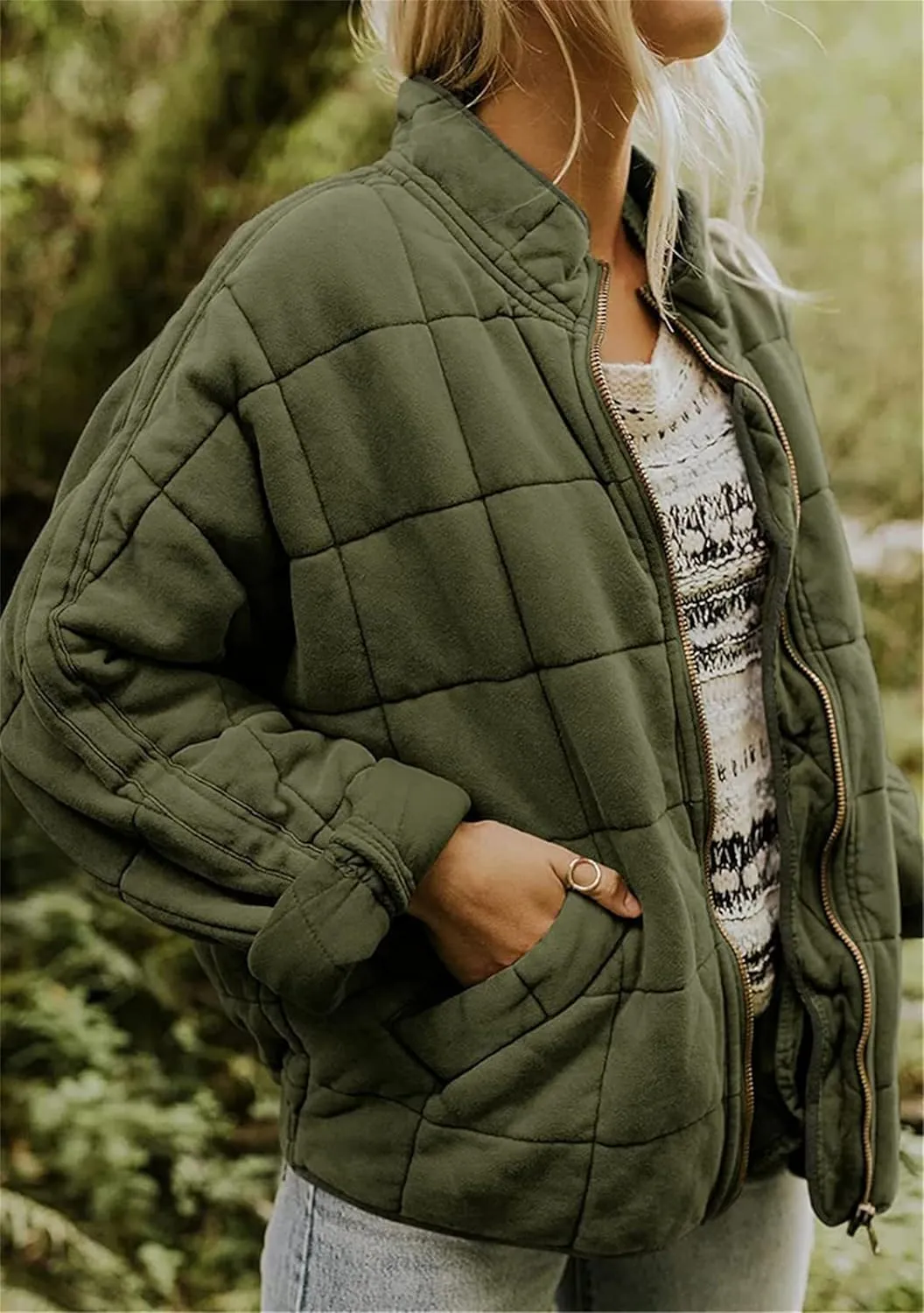 Women's Baggy Fashion Lightweight Puffer Jacket Long Sleeve Zip Up Coat Quilted Winter Coat with Pockets