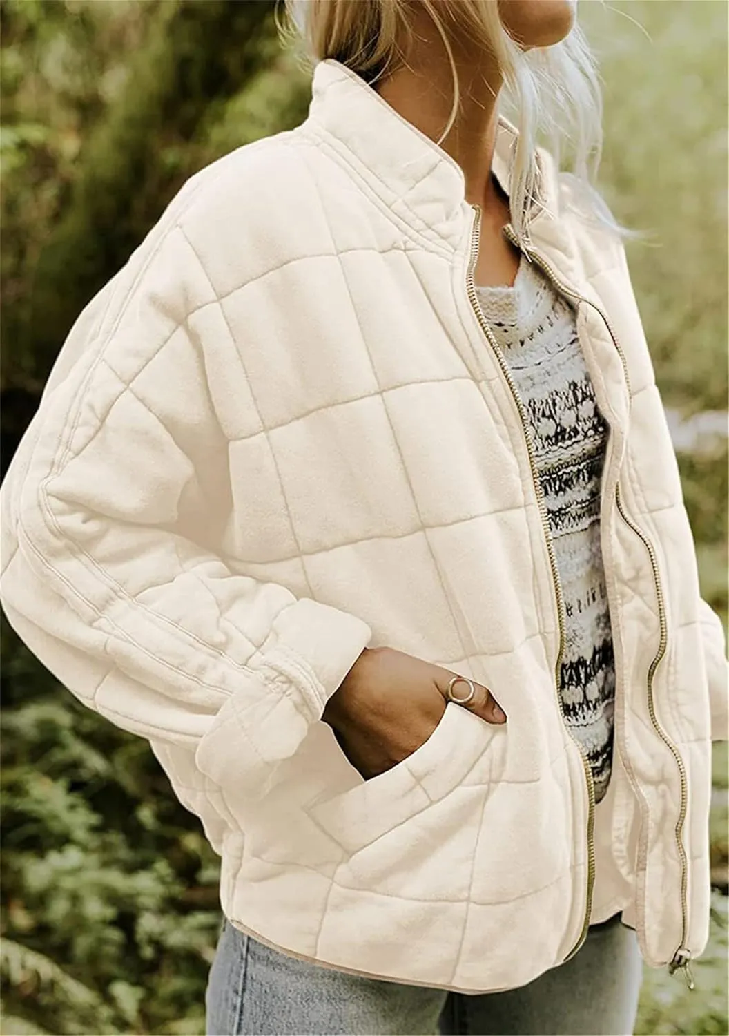 Women's Baggy Fashion Lightweight Puffer Jacket Long Sleeve Zip Up Coat Quilted Winter Coat with Pockets