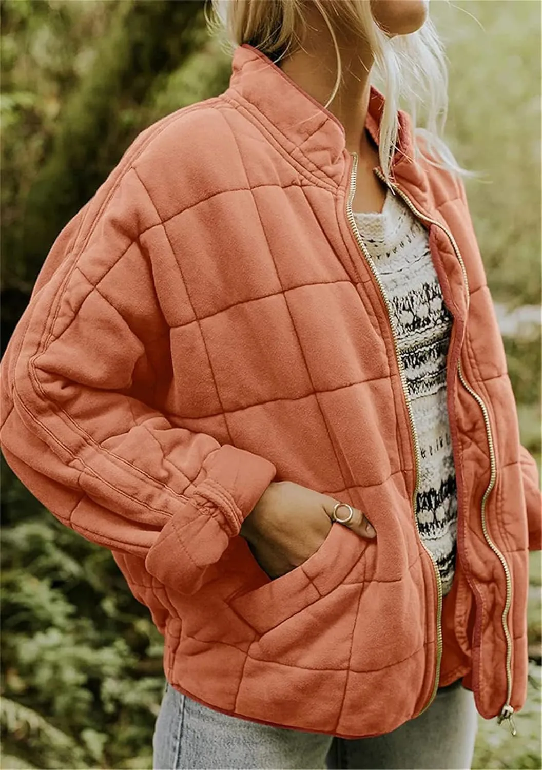 Women's Baggy Fashion Lightweight Puffer Jacket Long Sleeve Zip Up Coat Quilted Winter Coat with Pockets