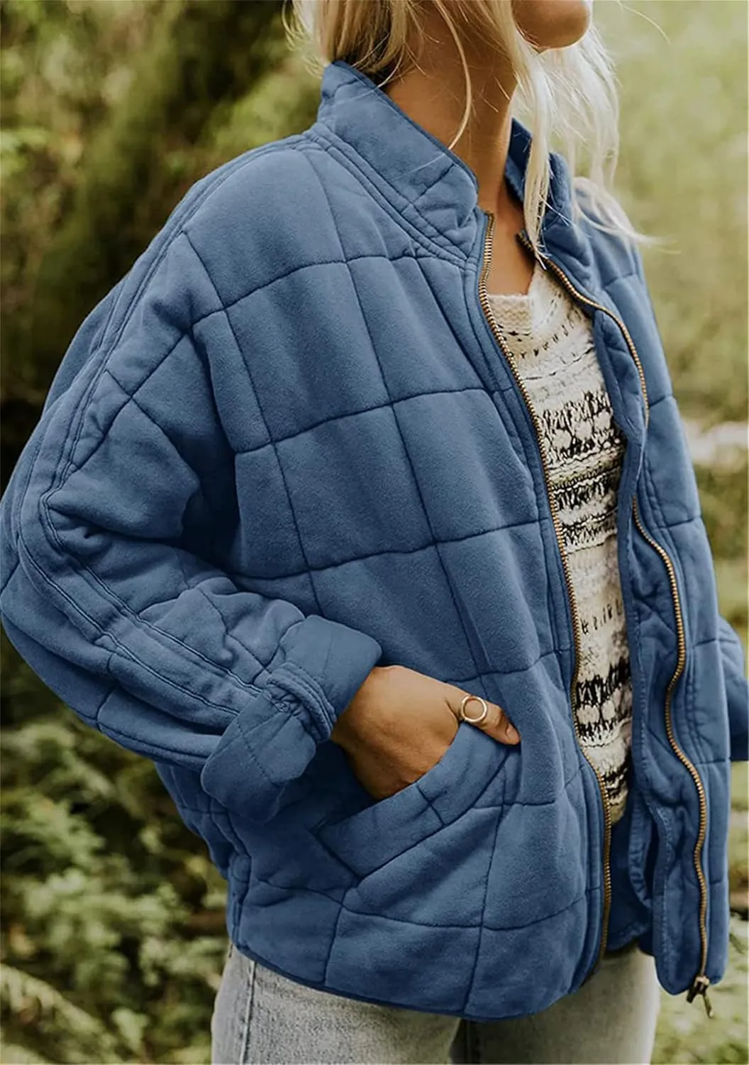 Women's Baggy Fashion Lightweight Puffer Jacket Long Sleeve Zip Up Coat Quilted Winter Coat with Pockets