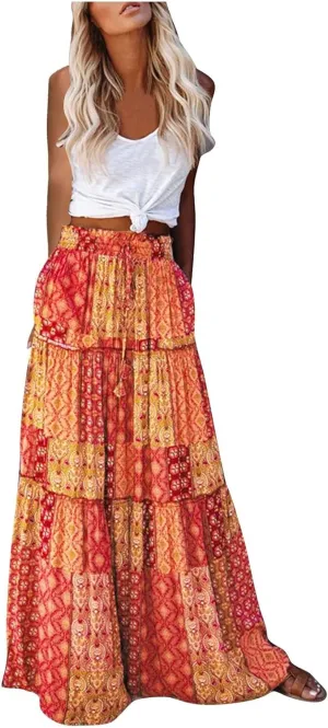 Womens Bohemian Maxi Skirts Elastic High Waisted Flowy Skirt Summer Casual Pleated Long Dresses with Pockets