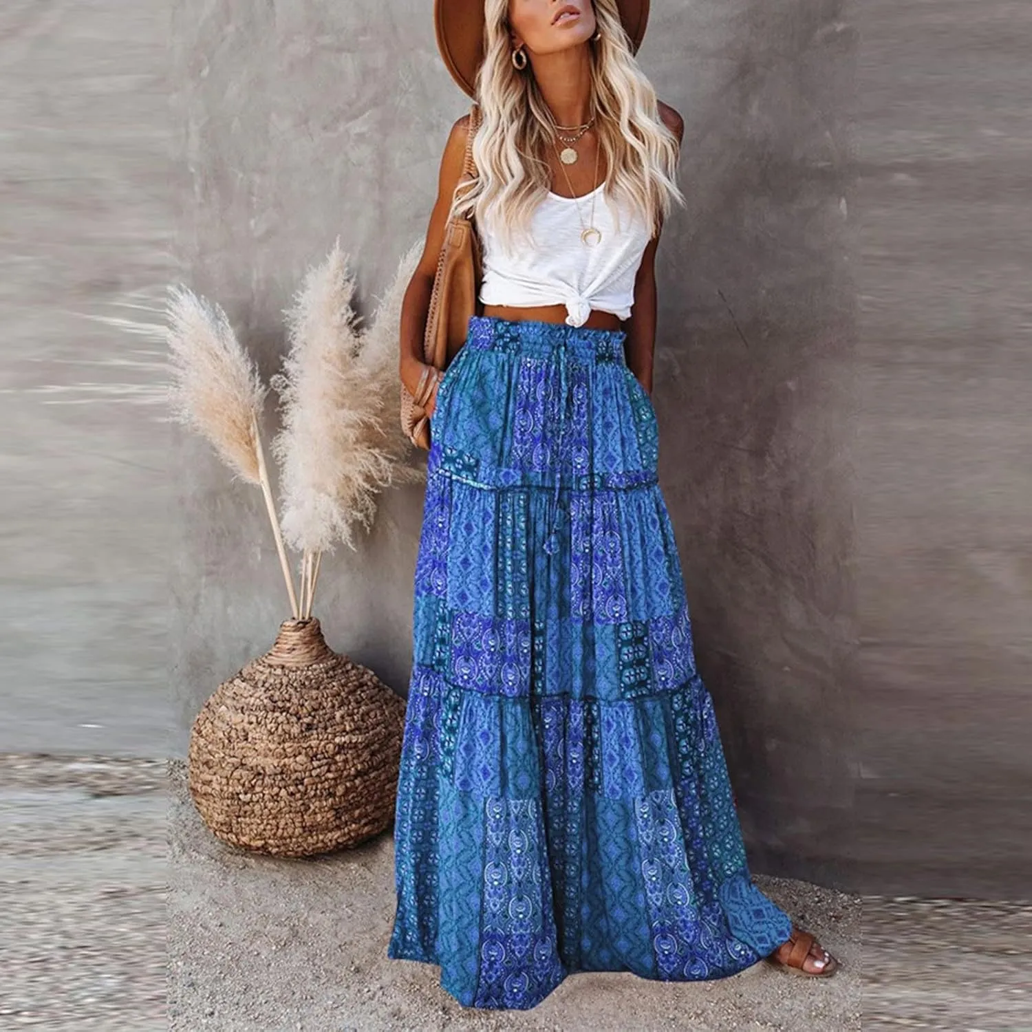 Womens Bohemian Maxi Skirts Elastic High Waisted Flowy Skirt Summer Casual Pleated Long Dresses with Pockets
