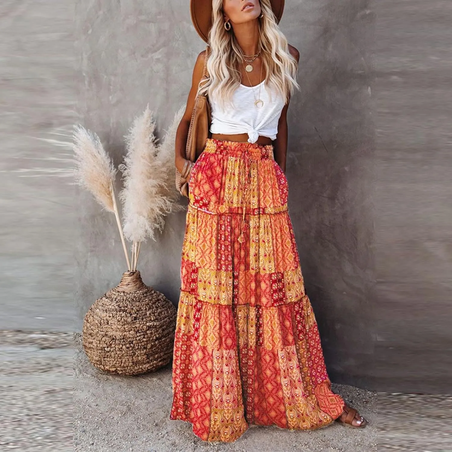 Womens Bohemian Maxi Skirts Elastic High Waisted Flowy Skirt Summer Casual Pleated Long Dresses with Pockets
