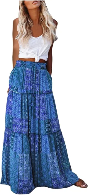 Womens Bohemian Maxi Skirts Elastic High Waisted Flowy Skirt Summer Casual Pleated Long Dresses with Pockets