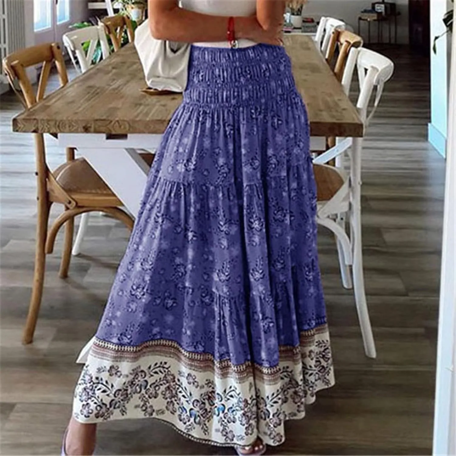Womens Boho Floral Print Maxi Skirt Summer High Waist A-Line Beach Skirts Lightweight Flowy Vacation Long Skirt