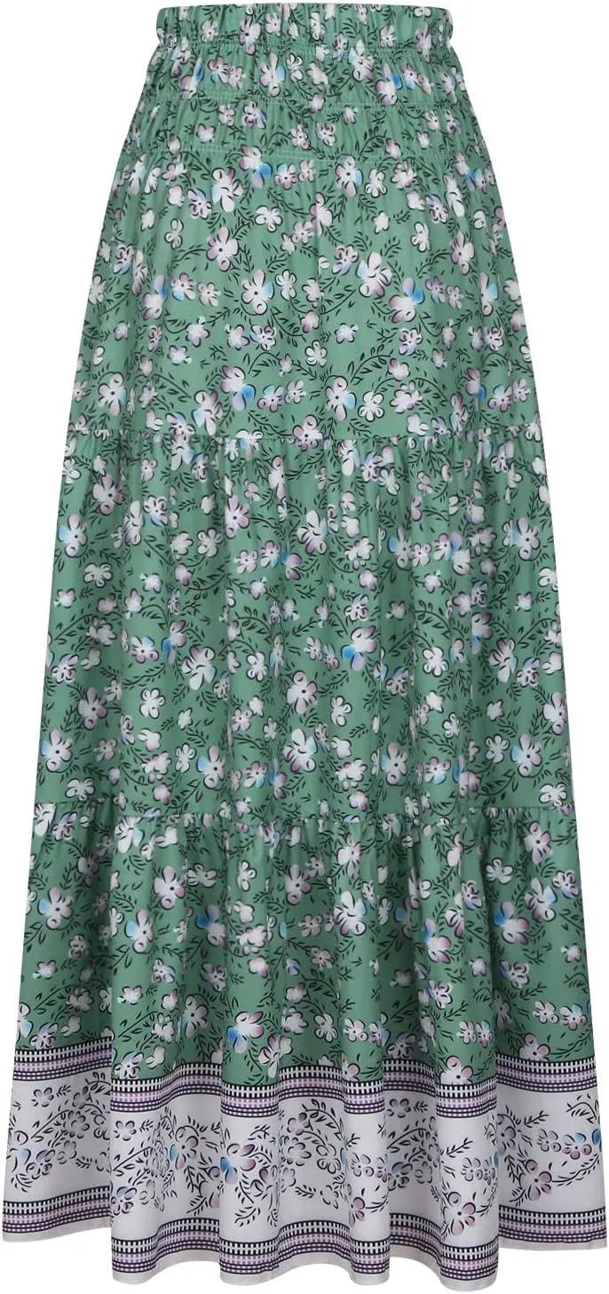 Womens Boho Floral Print Maxi Skirt Summer High Waist A-Line Beach Skirts Lightweight Flowy Vacation Long Skirt