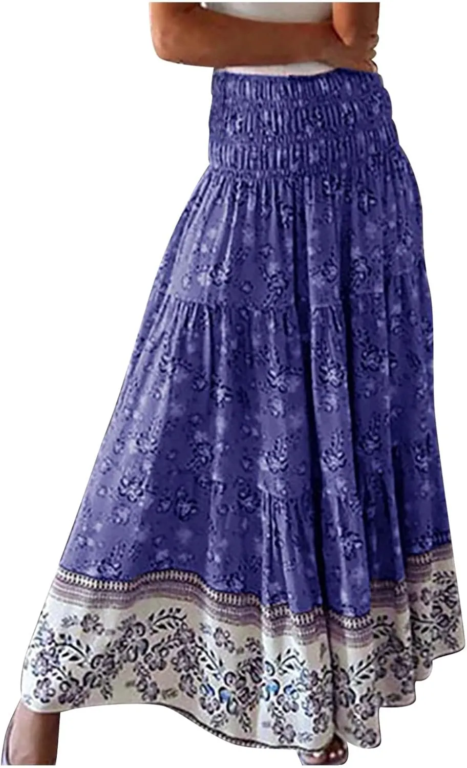 Womens Boho Floral Print Maxi Skirt Summer High Waist A-Line Beach Skirts Lightweight Flowy Vacation Long Skirt