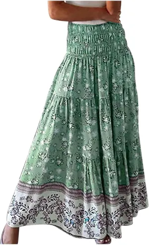 Womens Boho Floral Print Maxi Skirt Summer High Waist A-Line Beach Skirts Lightweight Flowy Vacation Long Skirt
