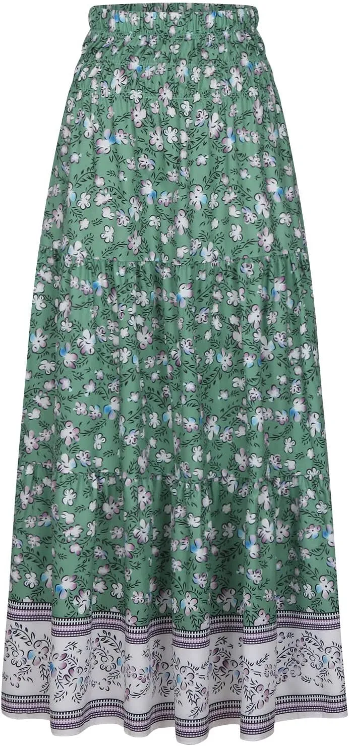 Womens Boho Floral Print Maxi Skirt Summer High Waist A-Line Beach Skirts Lightweight Flowy Vacation Long Skirt