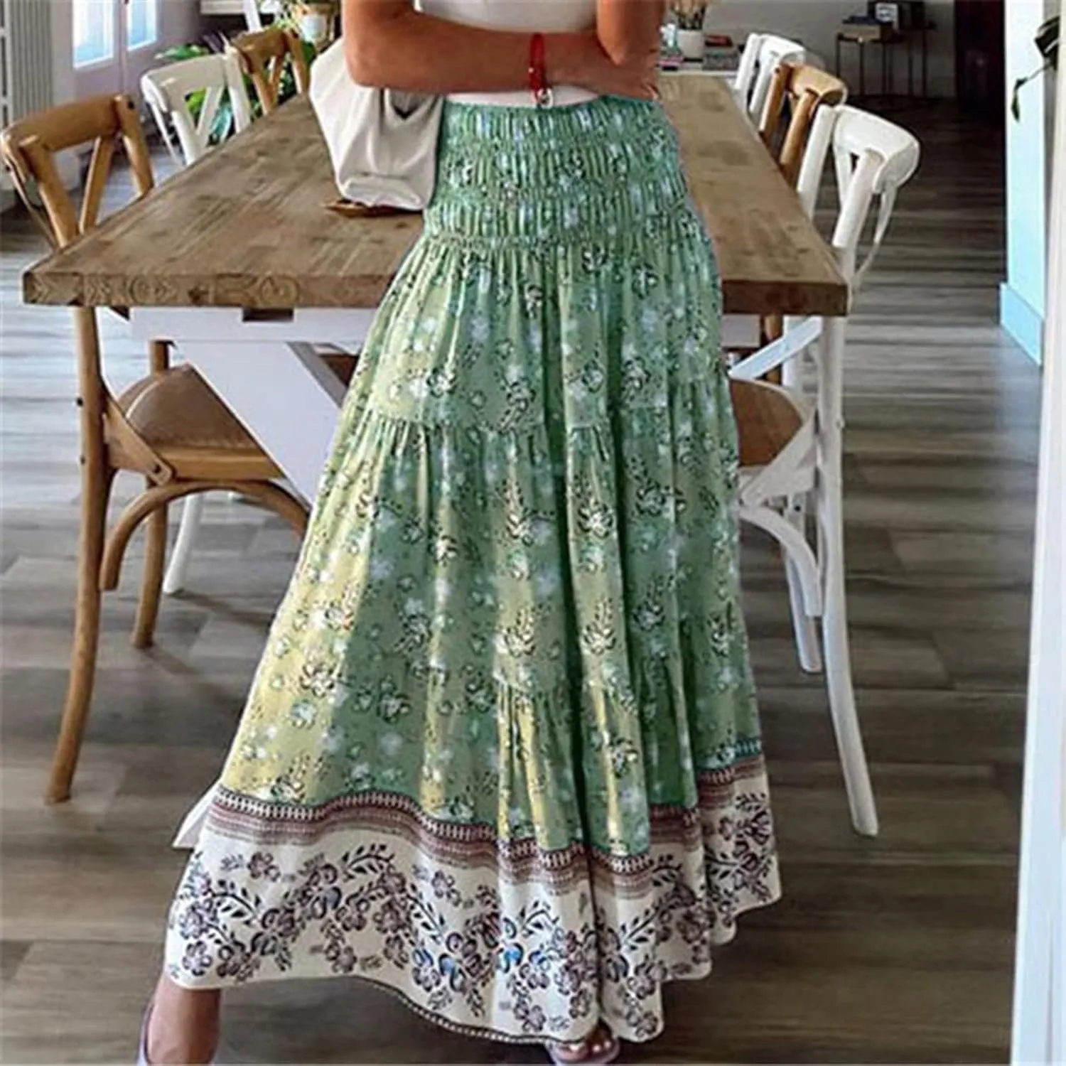 Womens Boho Floral Print Maxi Skirt Summer High Waist A-Line Beach Skirts Lightweight Flowy Vacation Long Skirt