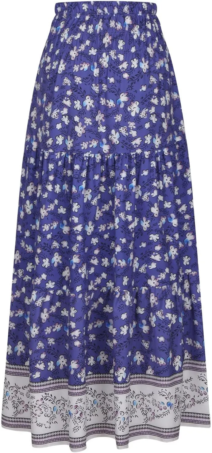Womens Boho Floral Print Maxi Skirt Summer High Waist A-Line Beach Skirts Lightweight Flowy Vacation Long Skirt