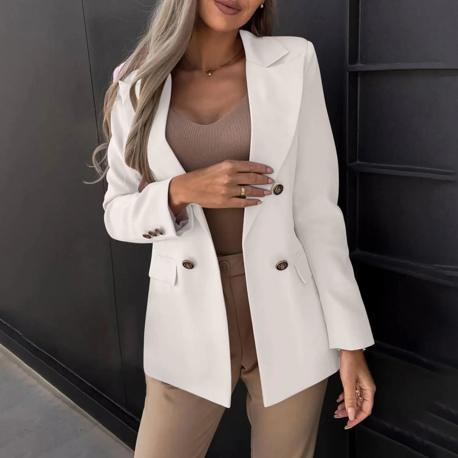 Womens Breasted Blazer Casual Work Office Suit Jackets Open Front Long Sleeve Lapel Dressy Blazers with Pockets