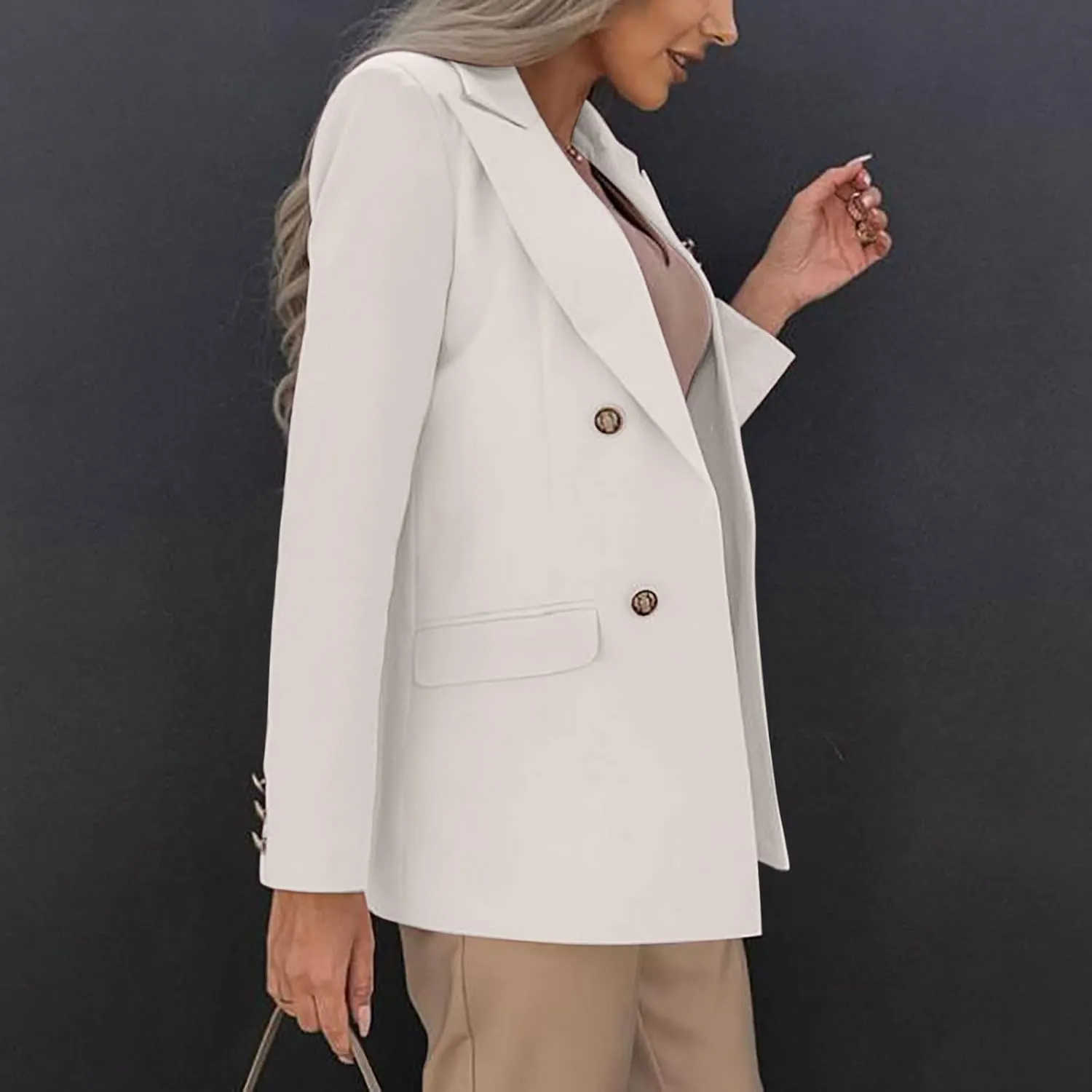 Womens Breasted Blazer Casual Work Office Suit Jackets Open Front Long Sleeve Lapel Dressy Blazers with Pockets