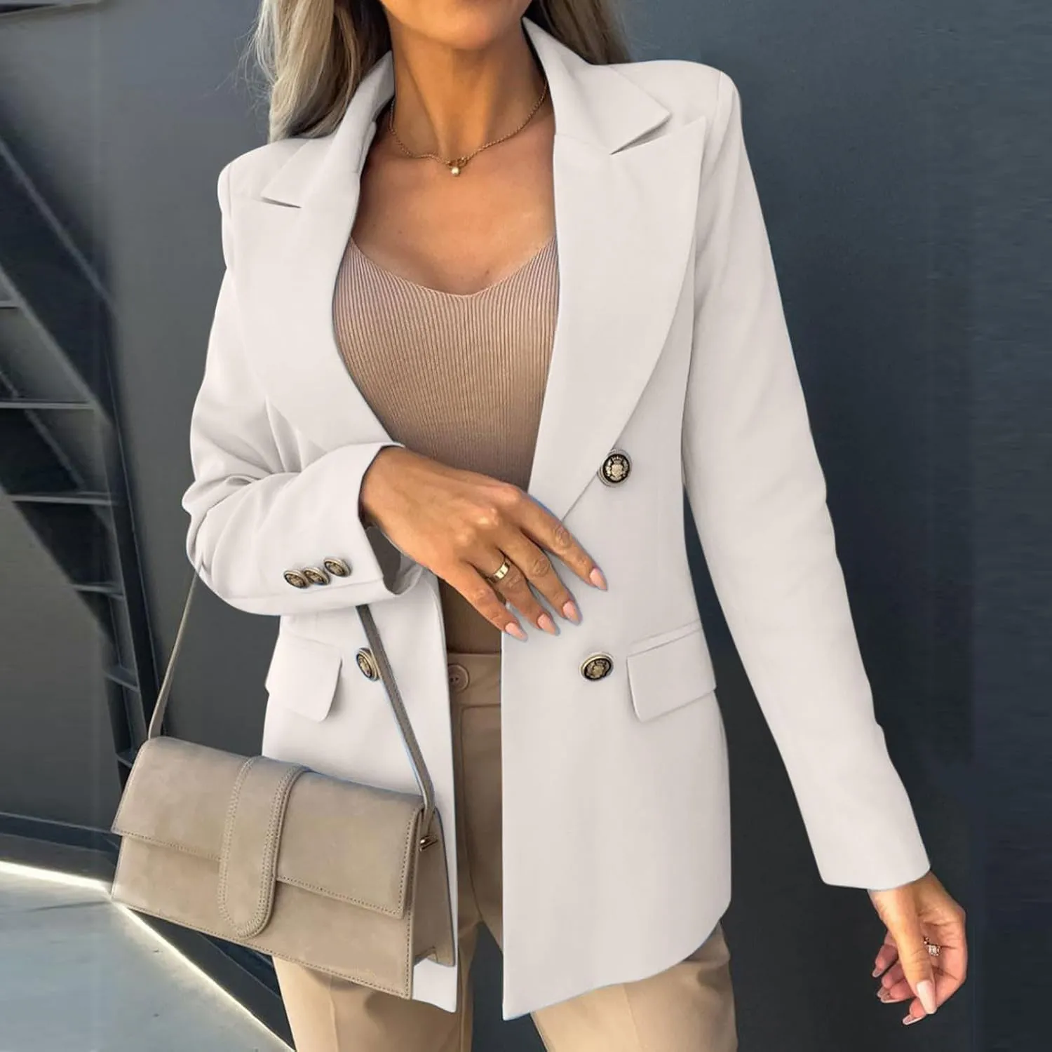 Womens Breasted Blazer Casual Work Office Suit Jackets Open Front Long Sleeve Lapel Dressy Blazers with Pockets