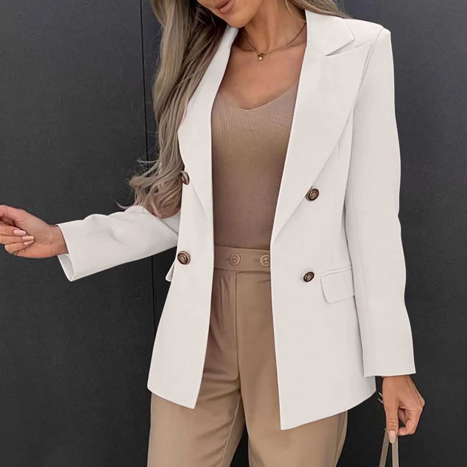 Womens Breasted Blazer Casual Work Office Suit Jackets Open Front Long Sleeve Lapel Dressy Blazers with Pockets