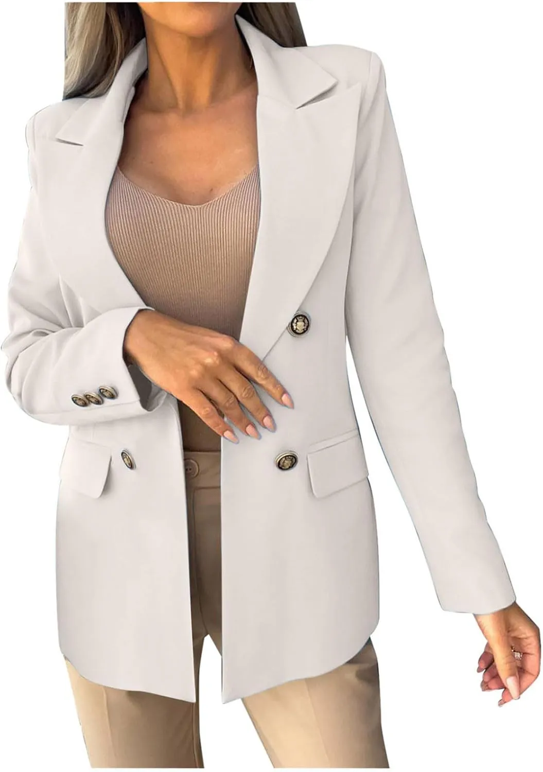 Womens Breasted Blazer Casual Work Office Suit Jackets Open Front Long Sleeve Lapel Dressy Blazers with Pockets