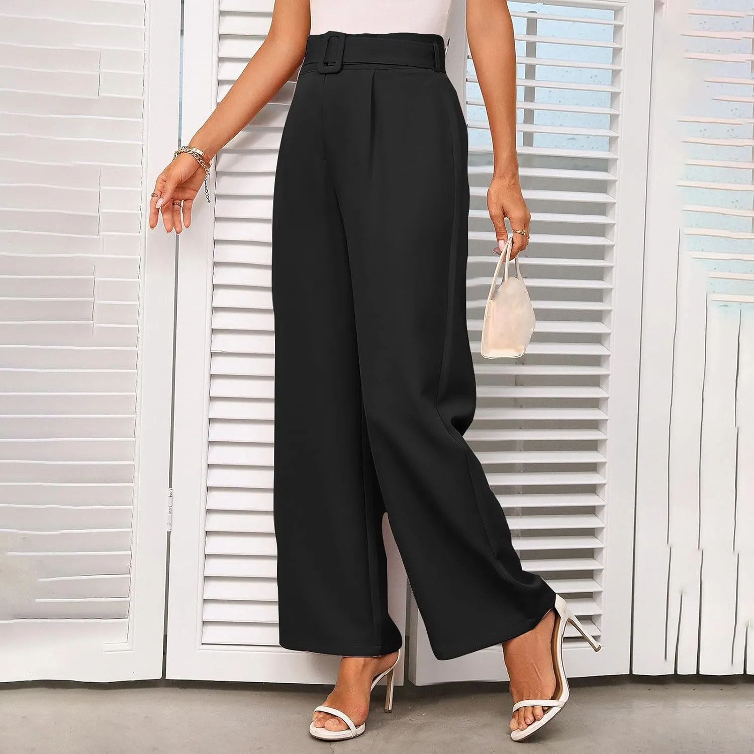 Womens Business Casual Work Pants Elegant High Waist Loose Straight Leg Dress Pants Fashion Flowy Suit Trousers