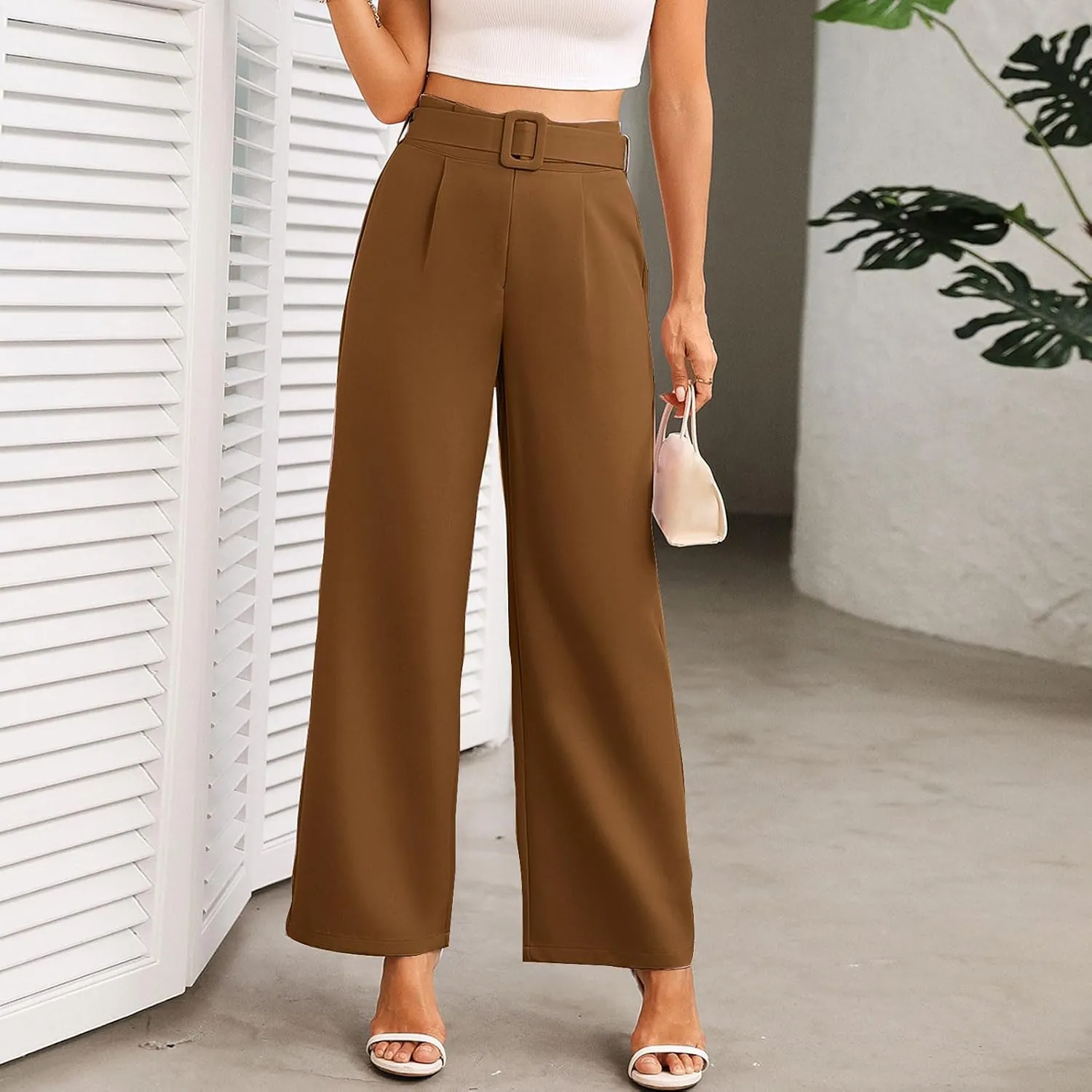 Womens Business Casual Work Pants Elegant High Waist Loose Straight Leg Dress Pants Fashion Flowy Suit Trousers