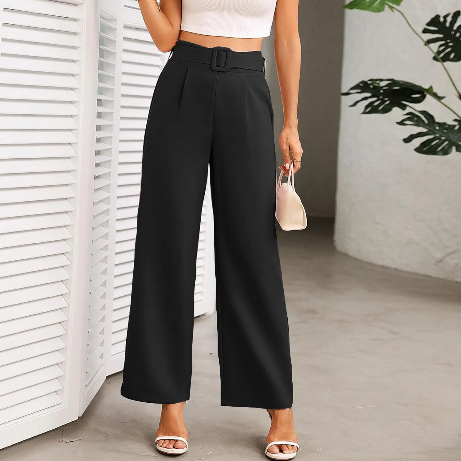 Womens Business Casual Work Pants Elegant High Waist Loose Straight Leg Dress Pants Fashion Flowy Suit Trousers