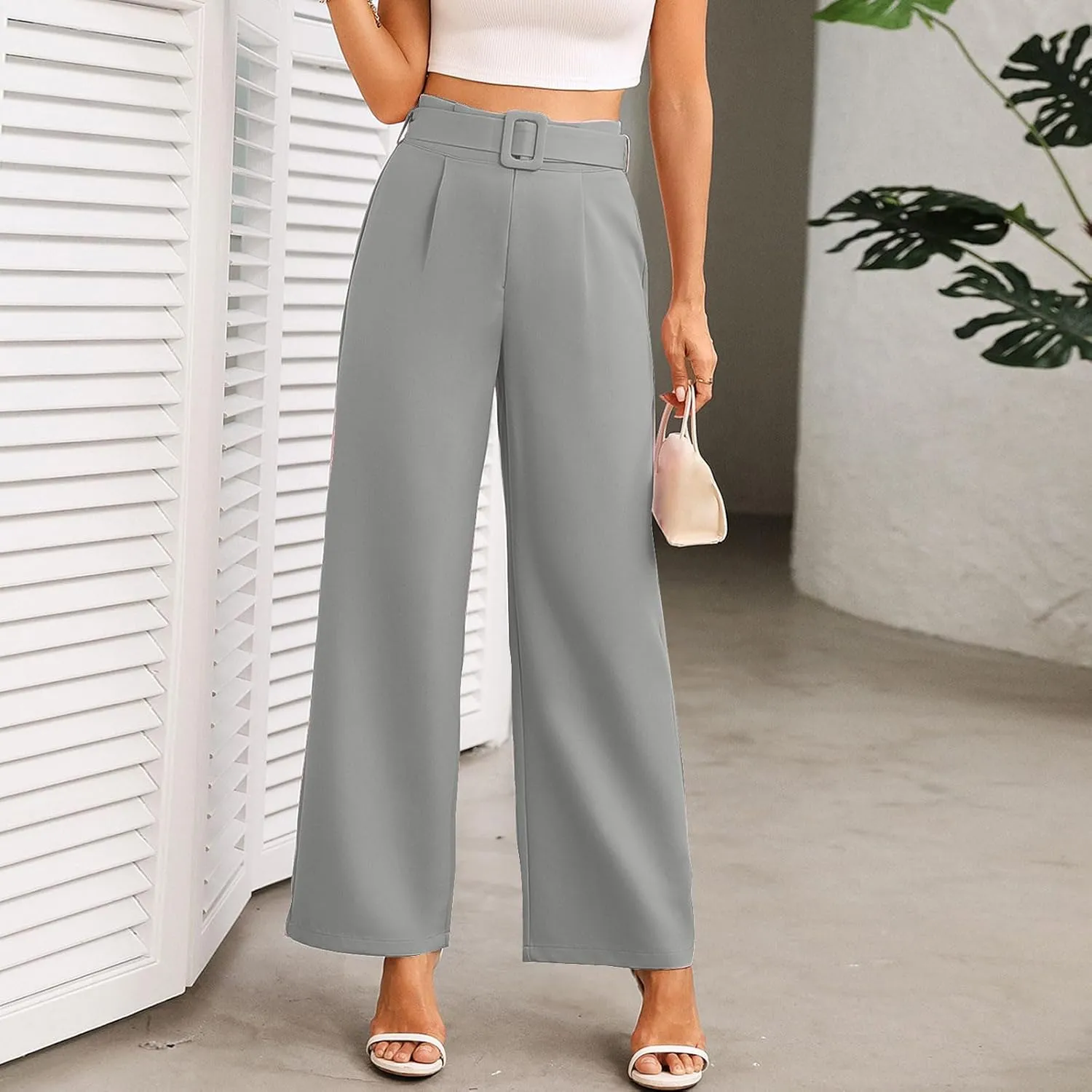 Womens Business Casual Work Pants Elegant High Waist Loose Straight Leg Dress Pants Fashion Flowy Suit Trousers