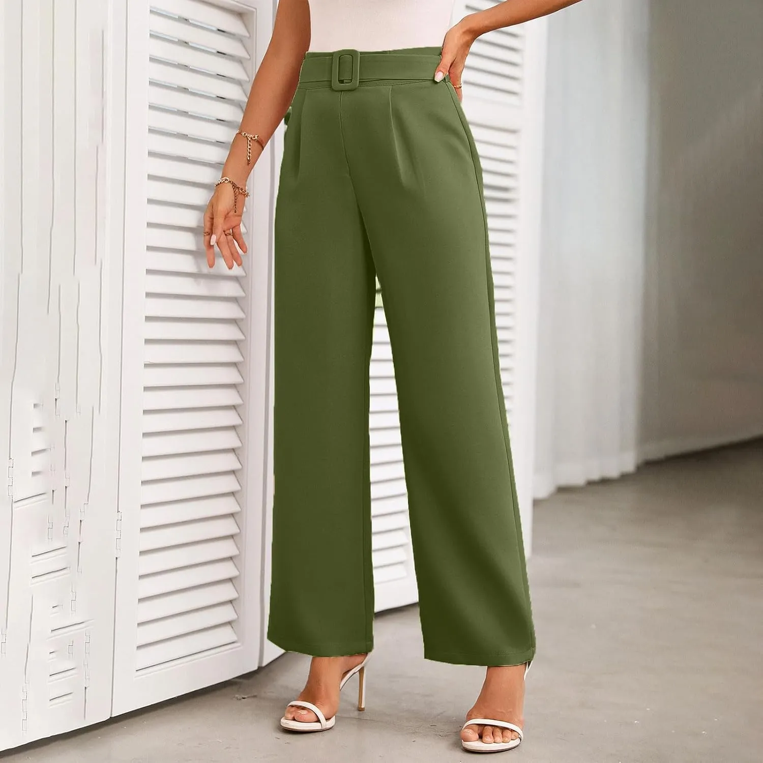 Womens Business Casual Work Pants Elegant High Waist Loose Straight Leg Dress Pants Fashion Flowy Suit Trousers