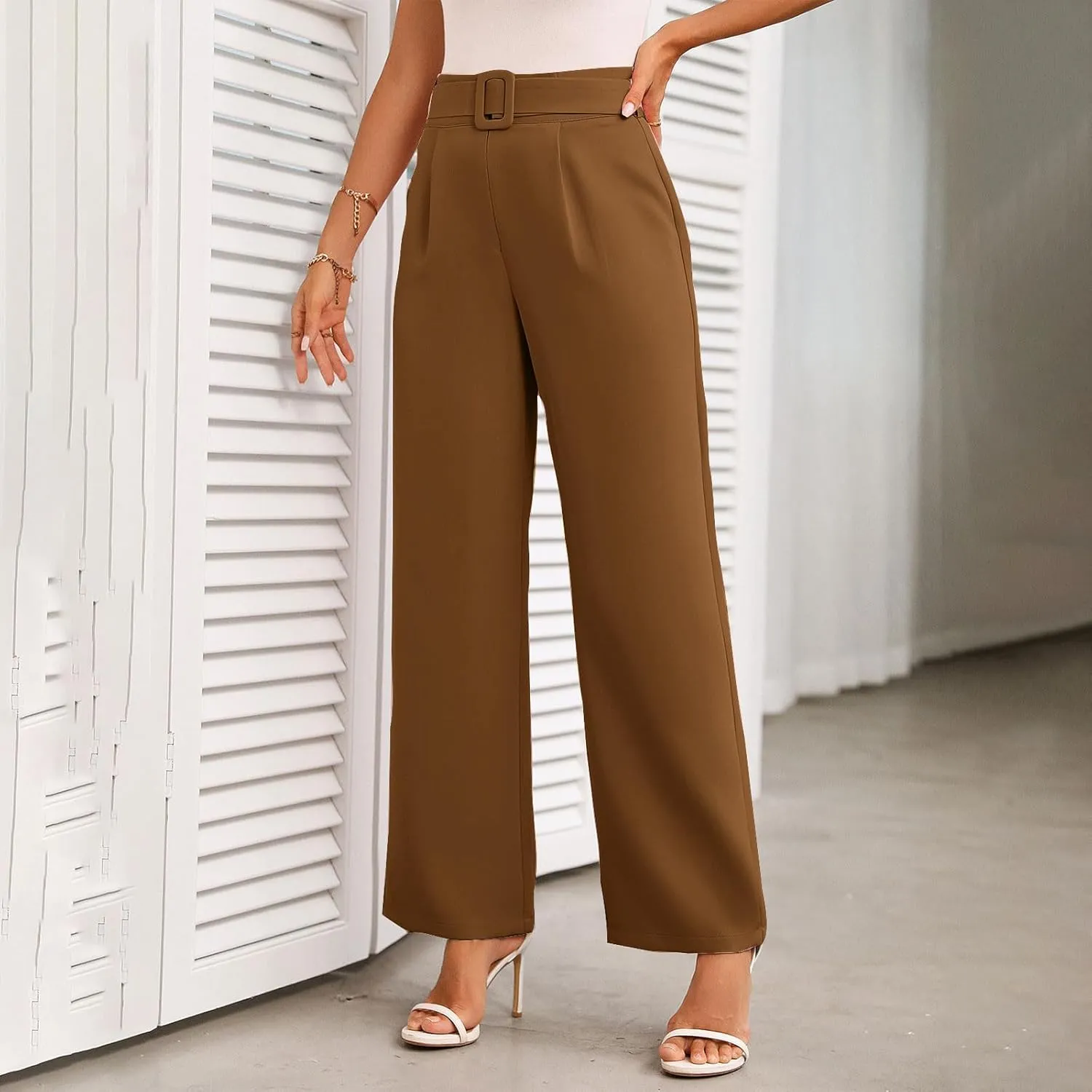 Womens Business Casual Work Pants Elegant High Waist Loose Straight Leg Dress Pants Fashion Flowy Suit Trousers