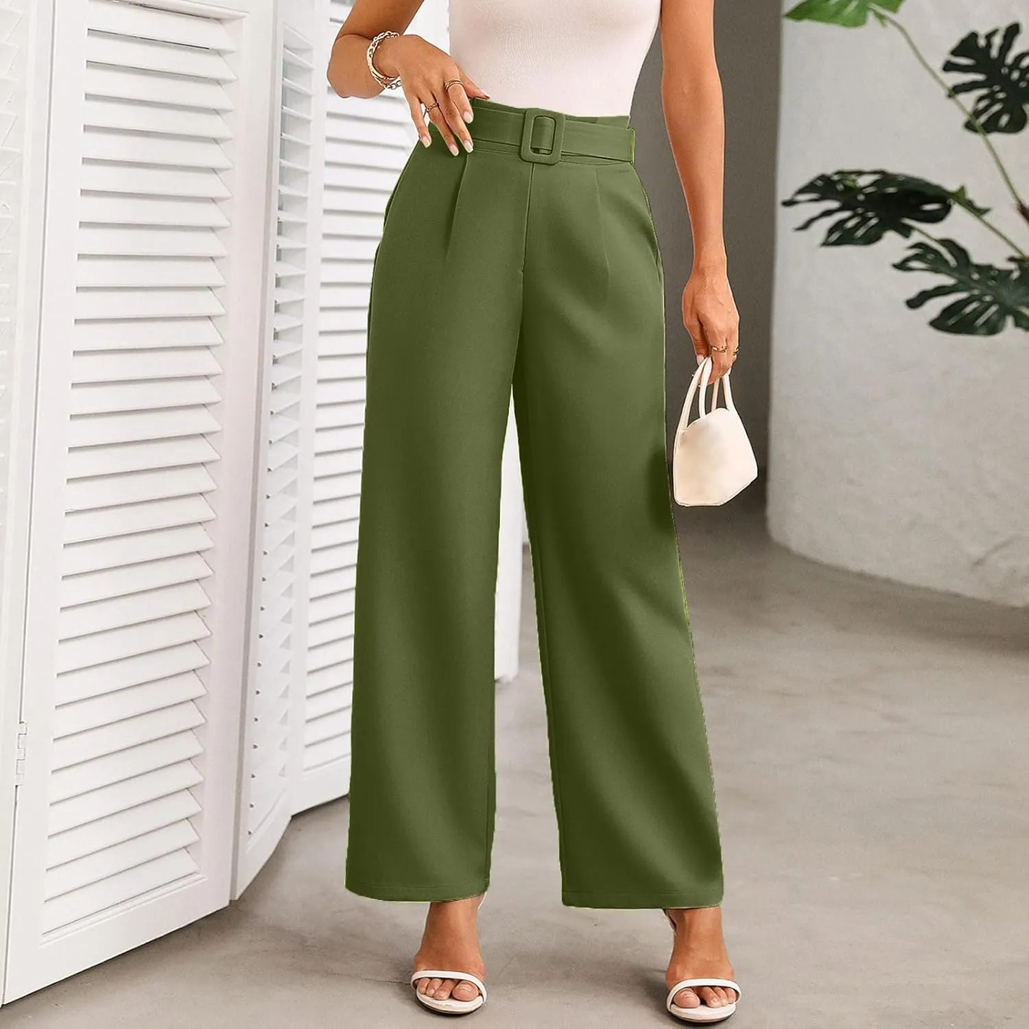 Womens Business Casual Work Pants Elegant High Waist Loose Straight Leg Dress Pants Fashion Flowy Suit Trousers