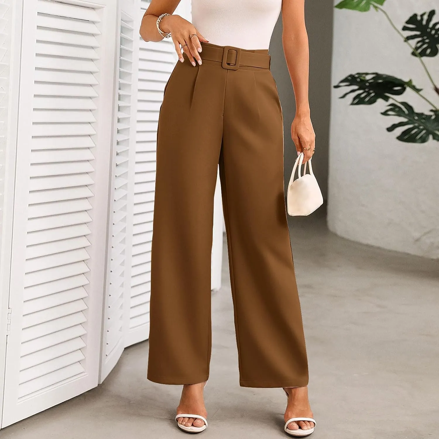 Womens Business Casual Work Pants Elegant High Waist Loose Straight Leg Dress Pants Fashion Flowy Suit Trousers