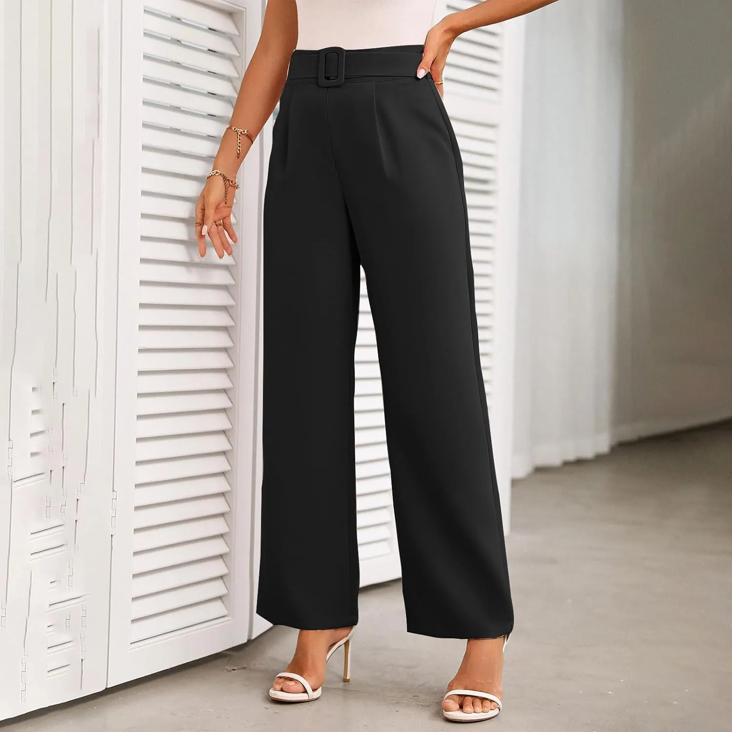Womens Business Casual Work Pants Elegant High Waist Loose Straight Leg Dress Pants Fashion Flowy Suit Trousers
