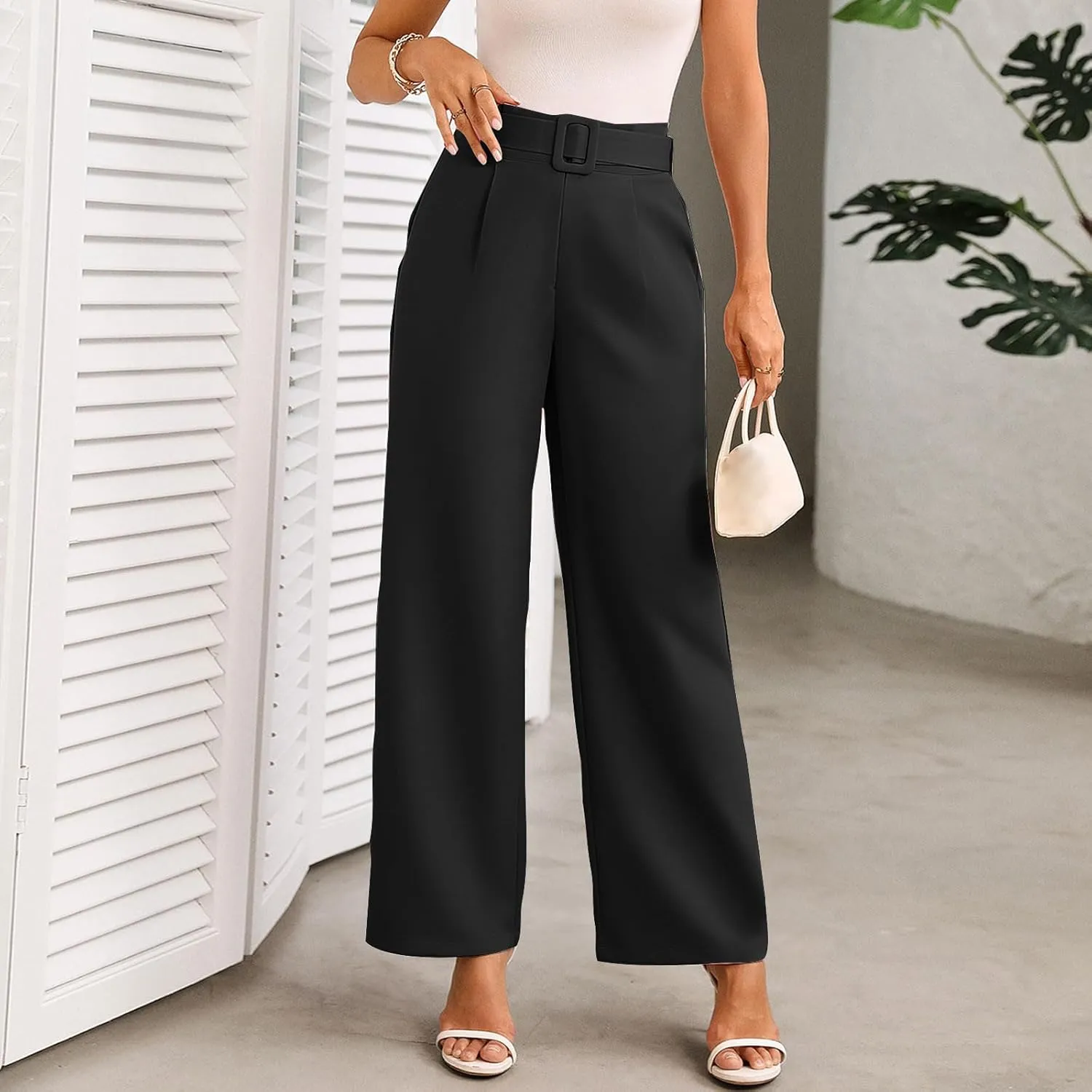 Womens Business Casual Work Pants Elegant High Waist Loose Straight Leg Dress Pants Fashion Flowy Suit Trousers