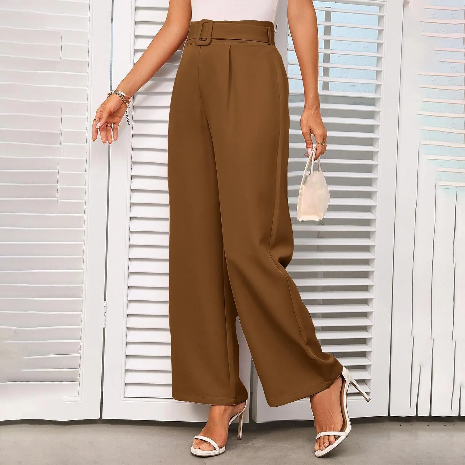 Womens Business Casual Work Pants Elegant High Waist Loose Straight Leg Dress Pants Fashion Flowy Suit Trousers
