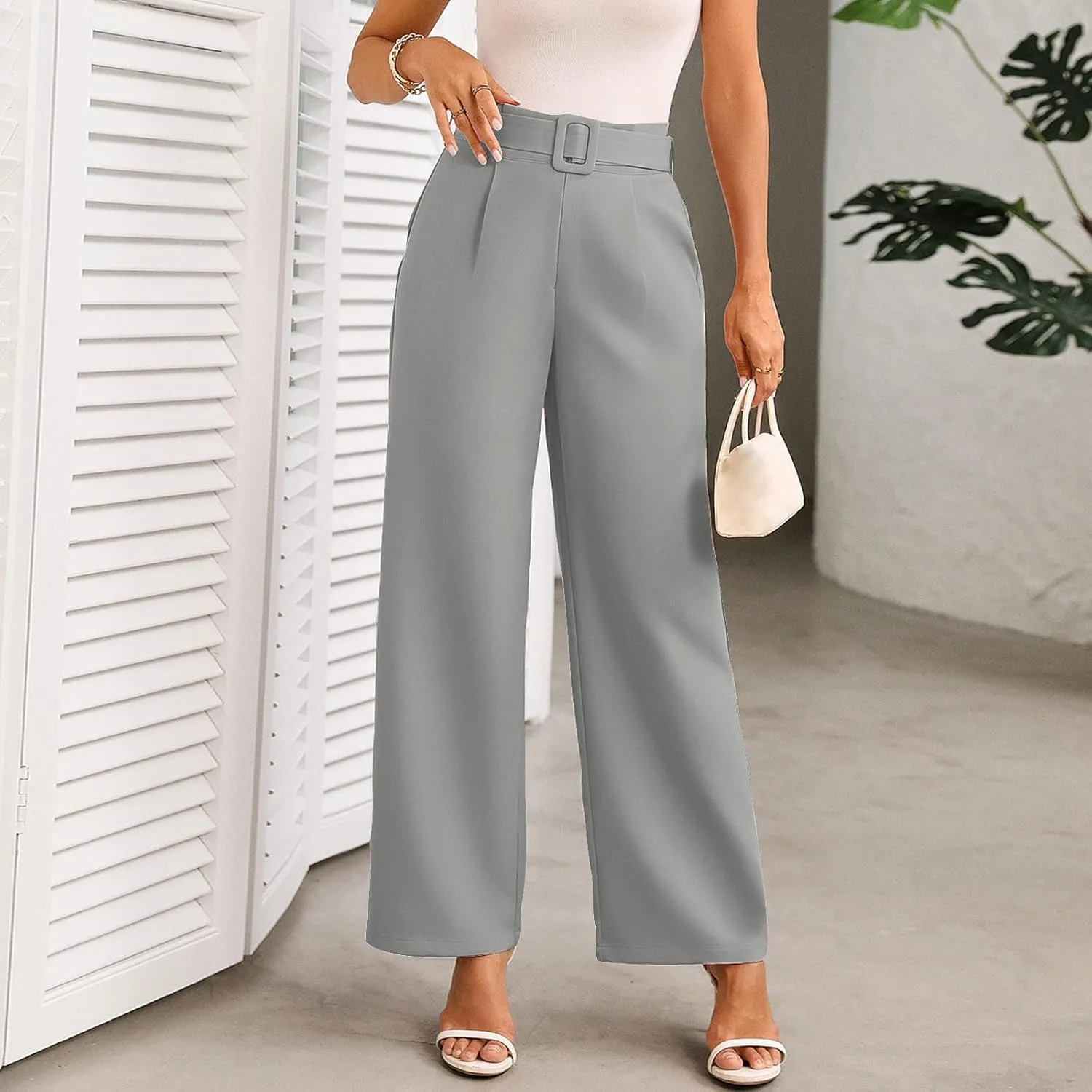 Womens Business Casual Work Pants Elegant High Waist Loose Straight Leg Dress Pants Fashion Flowy Suit Trousers
