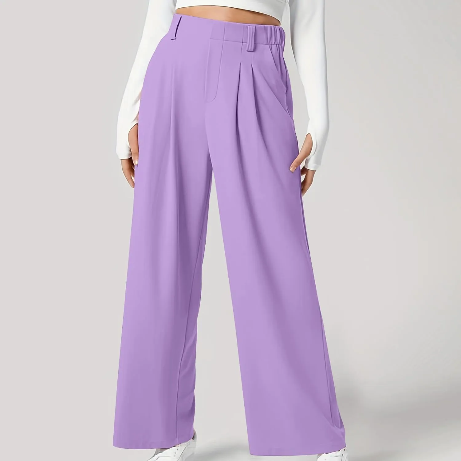 Women's Business Work Pants Comfy Pleated Elastic Waisted Wide Leg Pants Waffle Straight Suit Trousers with Pockets