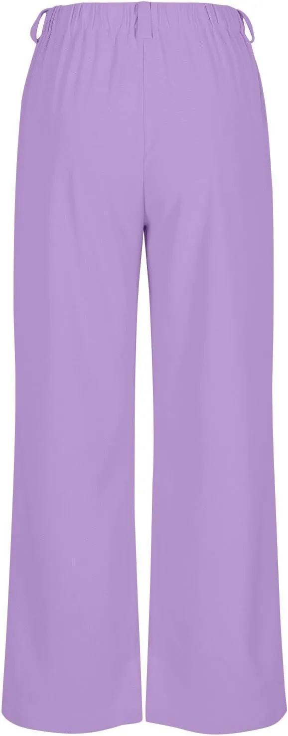Women's Business Work Pants Comfy Pleated Elastic Waisted Wide Leg Pants Waffle Straight Suit Trousers with Pockets