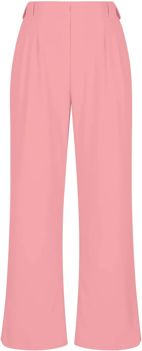 Women's Business Work Pants Comfy Pleated Elastic Waisted Wide Leg Pants Waffle Straight Suit Trousers with Pockets