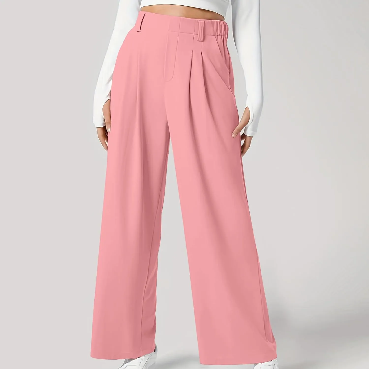 Women's Business Work Pants Comfy Pleated Elastic Waisted Wide Leg Pants Waffle Straight Suit Trousers with Pockets