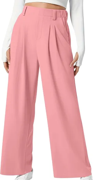 Women's Business Work Pants Comfy Pleated Elastic Waisted Wide Leg Pants Waffle Straight Suit Trousers with Pockets