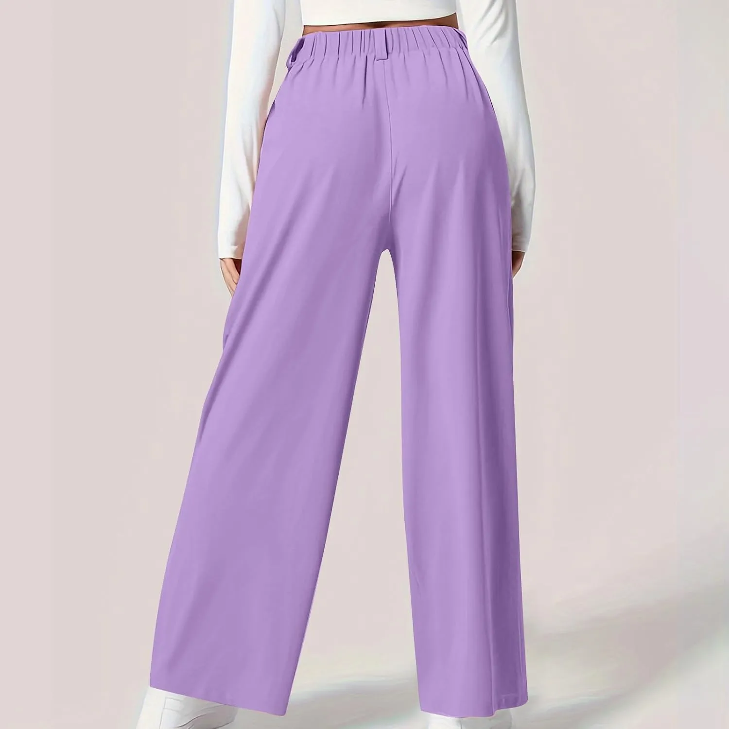 Women's Business Work Pants Comfy Pleated Elastic Waisted Wide Leg Pants Waffle Straight Suit Trousers with Pockets