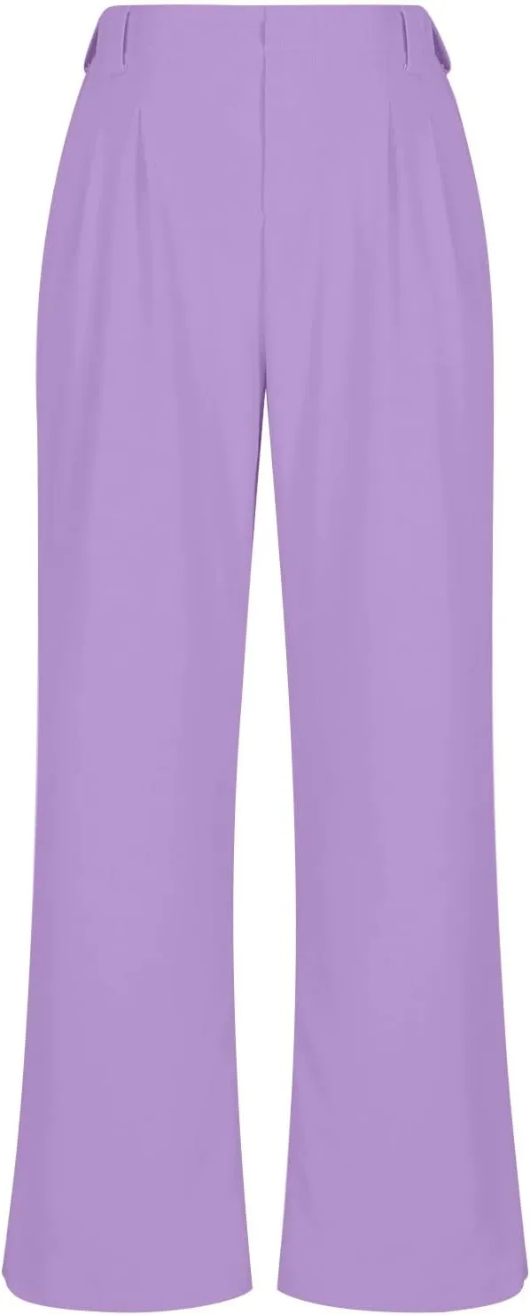 Women's Business Work Pants Comfy Pleated Elastic Waisted Wide Leg Pants Waffle Straight Suit Trousers with Pockets