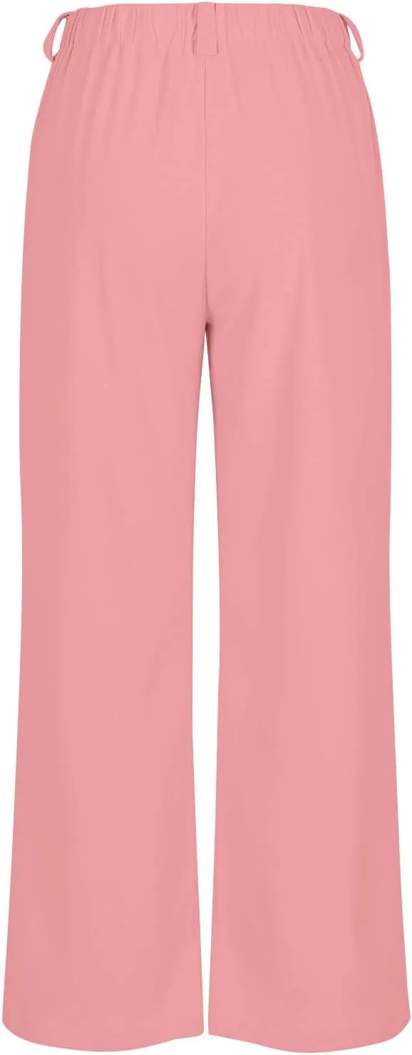 Women's Business Work Pants Comfy Pleated Elastic Waisted Wide Leg Pants Waffle Straight Suit Trousers with Pockets