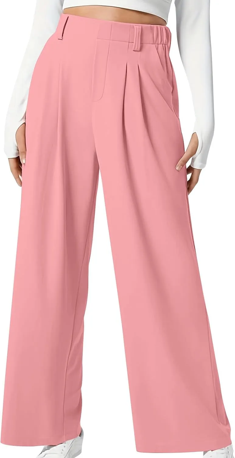 Women's Business Work Pants Comfy Pleated Elastic Waisted Wide Leg Pants Waffle Straight Suit Trousers with Pockets